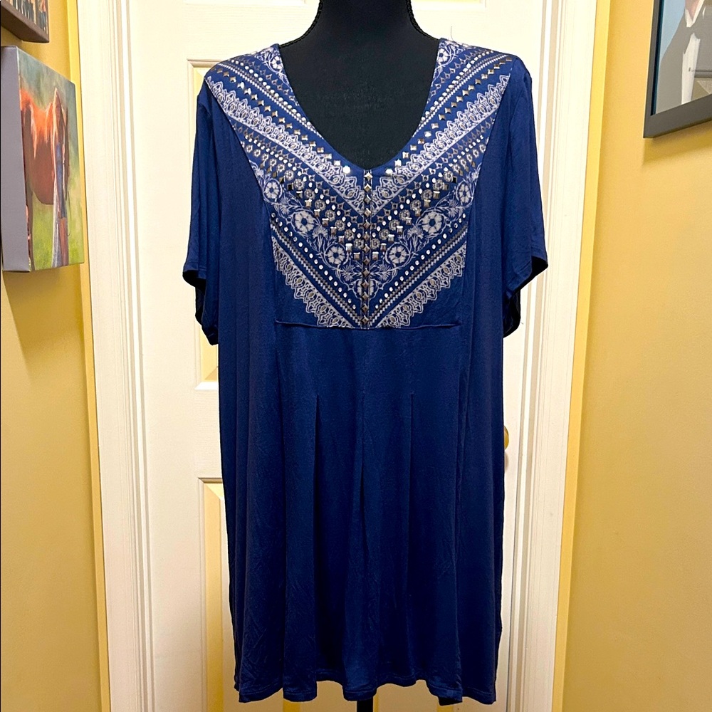 Style & Co. Navy Embroidered V-Neck Tunic